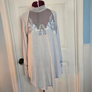 Free People Small Glacier Ice Long Sleeve Floral Mesh Insert Top With Embroidery